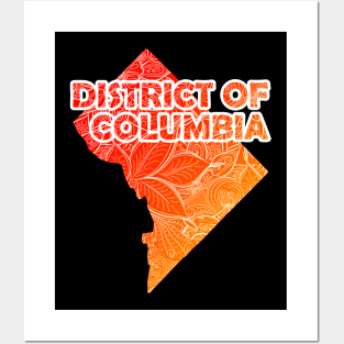 Colorful mandala art map of District of Columbia with text in red and orange Posters and Art